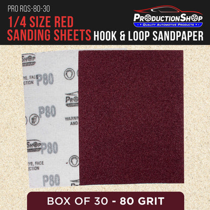 Premium Red 80 Grit 1/4 Sheet Size Red Sanding Sheets, Box of 30 - Hook & Loop Backing Sandpaper, Coarse-Cut Abrasive - Fits Palm Sanders, Hand Sanding Blocks