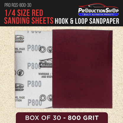 Premium Red 800 Grit 1/4 Sheet Size Red Sanding Sheets, Box of 30 - Hook & Loop Backing Sandpaper, Fine-Cut Abrasive - Fits Palm Sanders, Hand Sanding Blocks