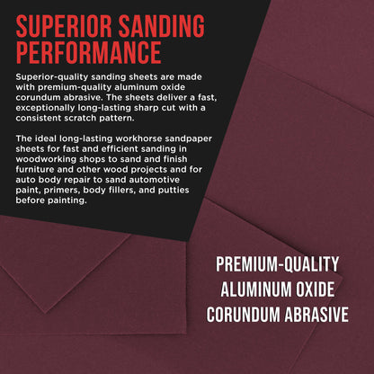 Premium Red 800 Grit 1/4 Sheet Size Red Sanding Sheets, Box of 30 - Hook & Loop Backing Sandpaper, Fine-Cut Abrasive - Fits Palm Sanders, Hand Sanding Blocks