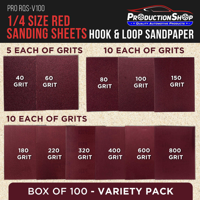 Premium 1/4 Sheet Size Red Sanding Sheets, 100 Sheet Variety Pack, Grits 40, 60, 80, 100, 150, 180, 220, 320, 400, 600, 800 - Hook & Loop Backing Sandpaper, Palm Sanders Sanding Block