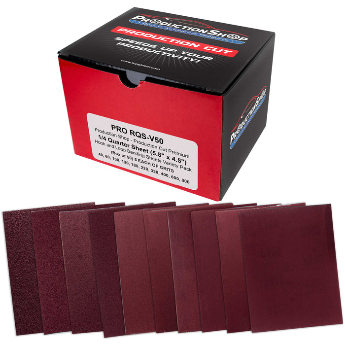 Premium 1/4 Sheet Size Red Sanding Sheets, 50 Sheet Variety Pack, Grits 40, 80, 100, 120, 180, 220, 320, 400, 600, 800 - Hook & Loop Backing Sandpaper - Palm Sanders, Sanding Blocks