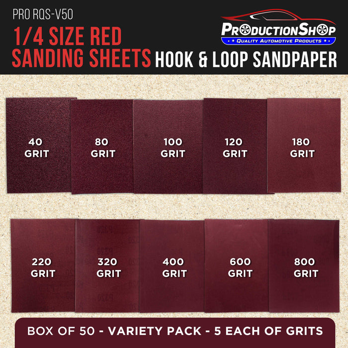 Premium 1/4 Sheet Size Red Sanding Sheets, 50 Sheet Variety Pack, Grits 40, 80, 100, 120, 180, 220, 320, 400, 600, 800 - Hook & Loop Backing Sandpaper - Palm Sanders, Sanding Blocks