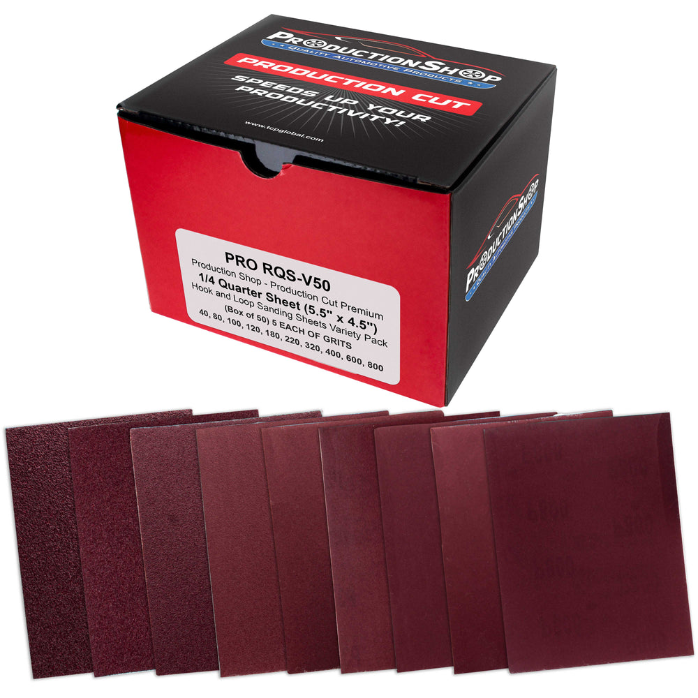 Premium 1/4 Sheet Size Red Sanding Sheets, 50 Sheet Variety Pack, Grits 40, 80, 100, 120, 180, 220, 320, 400, 600, 800 - Hook & Loop Backing Sandpaper - Palm Sanders, Sanding Blocks