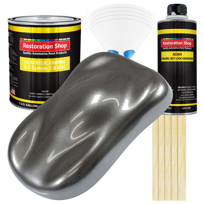 Meteor Gray Metallic Acrylic Enamel Auto Paint - Complete Gallon Paint Kit - Professional Single Stage Automotive Car Coating, 8:1 Mix Ratio 2.8 VOC