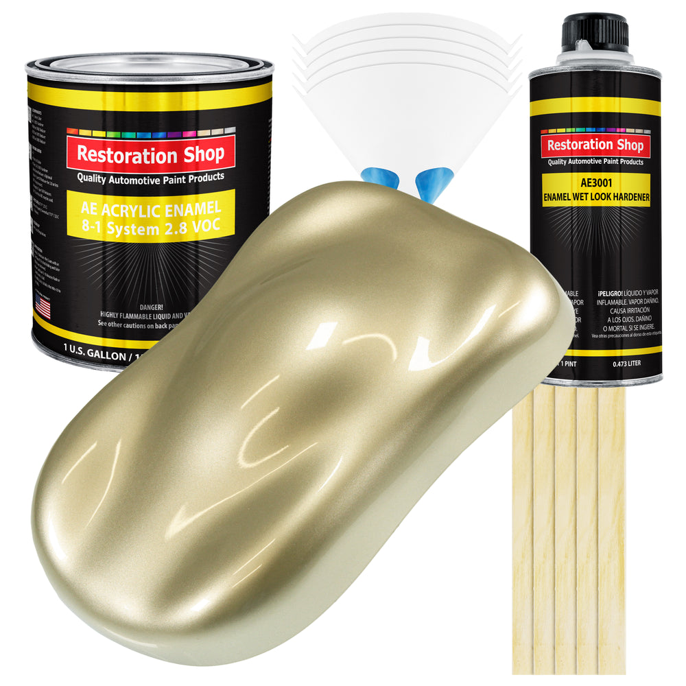 Antique Gold Metallic Acrylic Enamel Auto Paint - Complete Gallon Paint Kit - Professional Single Stage Automotive Car Coating, 8:1 Mix Ratio 2.8 VOC