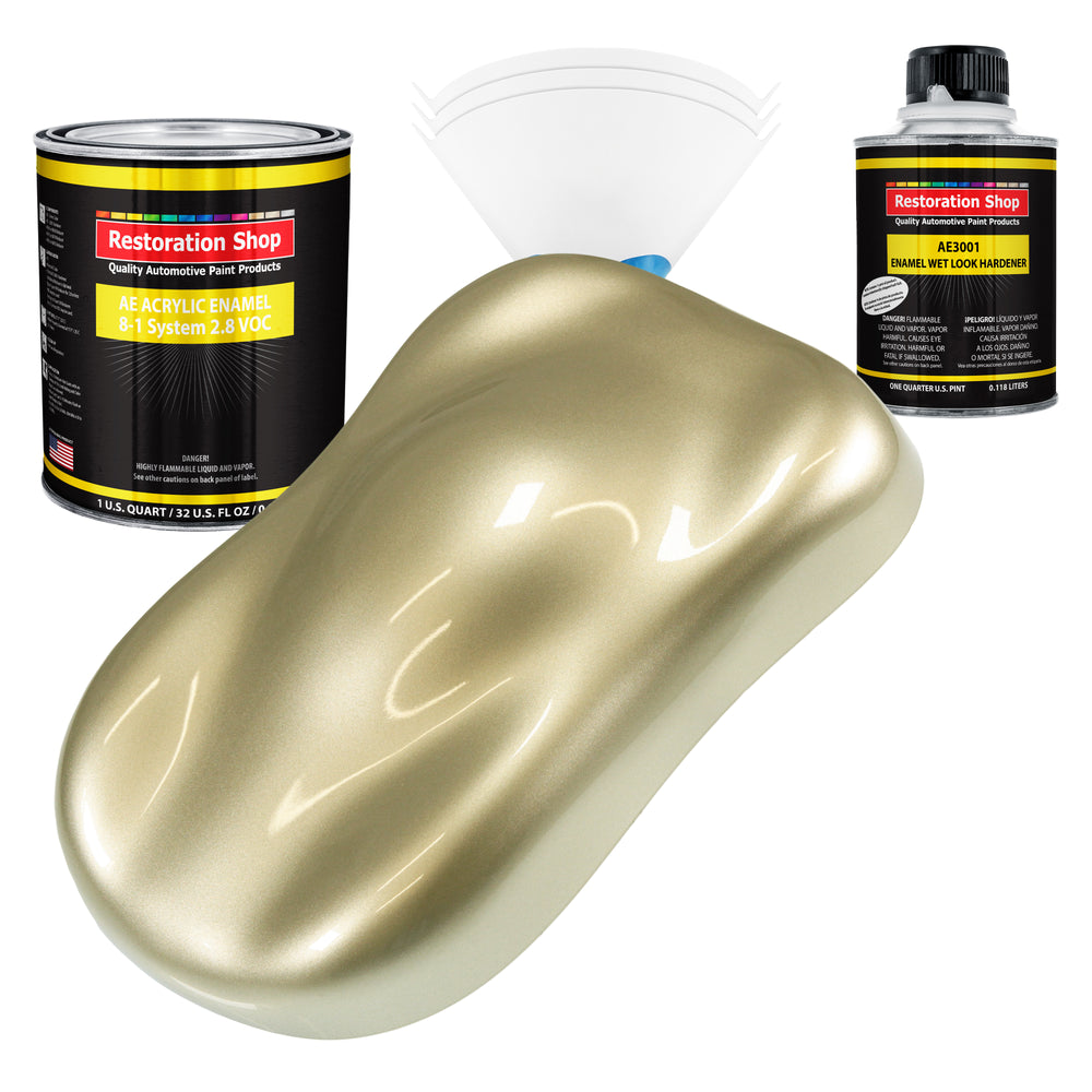 Antique Gold Metallic Acrylic Enamel Auto Paint - Complete Quart Paint Kit - Professional Single Stage Automotive Car Coating, 8:1 Mix Ratio 2.8 VOC