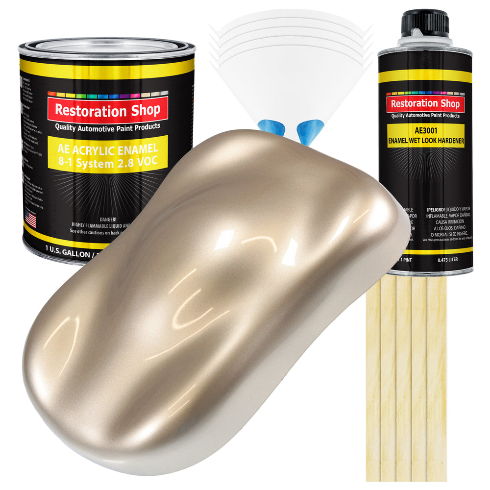 Cashmere Gold Metallic Acrylic Enamel Auto Paint - Complete Gallon Paint Kit - Professional Single Stage Automotive Car Coating, 8:1 Mix Ratio 2.8 VOC