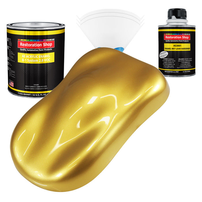 Anniversary Gold Metallic Acrylic Enamel Auto Paint - Complete Quart Paint Kit - Pro Single Stage Automotive Car Truck Coating, 8:1 Mix Ratio 2.8 VOC