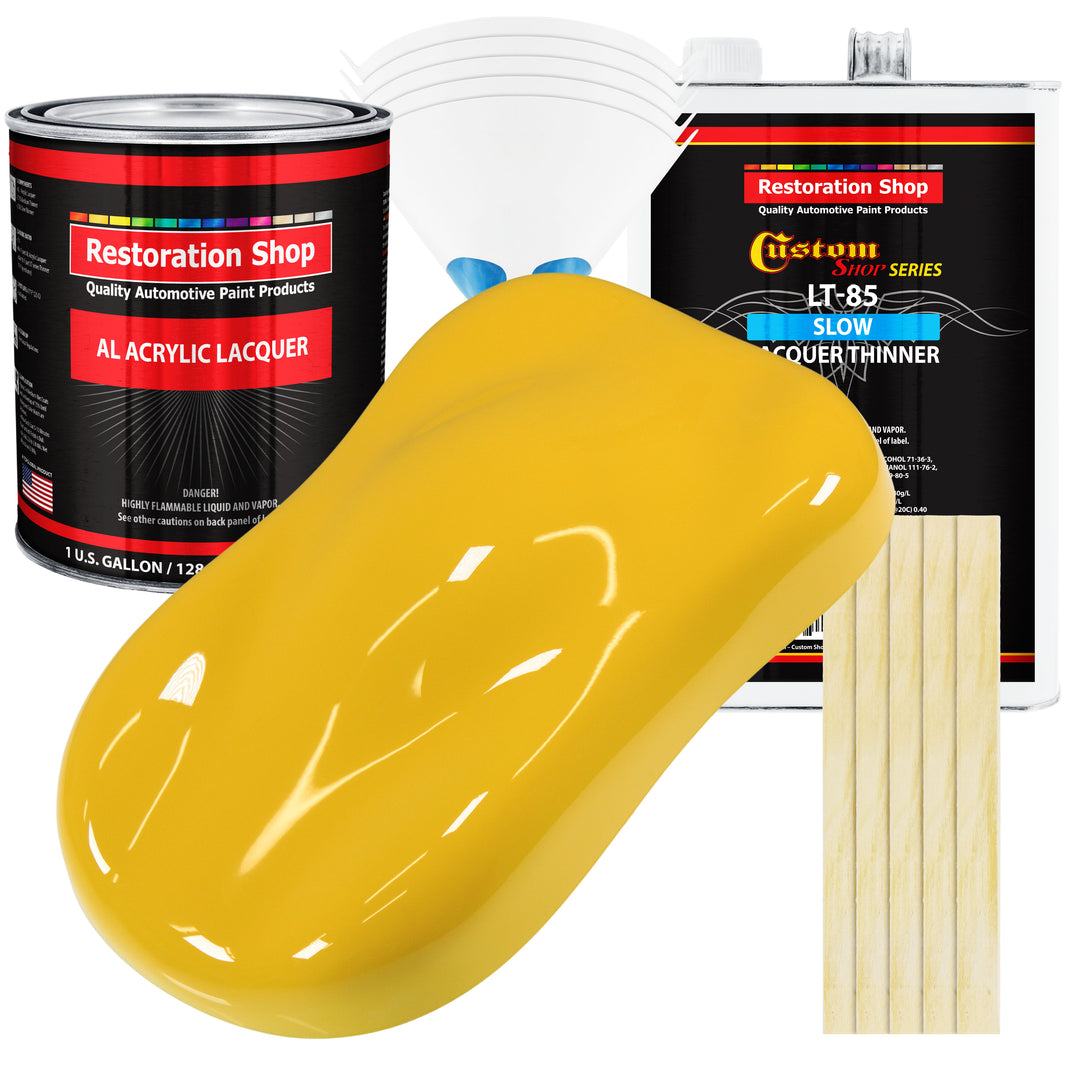 Indy Yellow - Acrylic Lacquer Auto Paint - Complete Gallon Paint Kit with Slow Dry Thinner - Professional Automotive Car Truck Guitar Refinish Coating