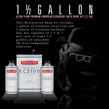 1.5 Gallon Ultra Flow Premium European Clearcoat Auto Paint Kit, 2.1 VOC - 1 Gal. Urethane Clear, 2 Qts Hardener, 2:1 Ratio, Coating