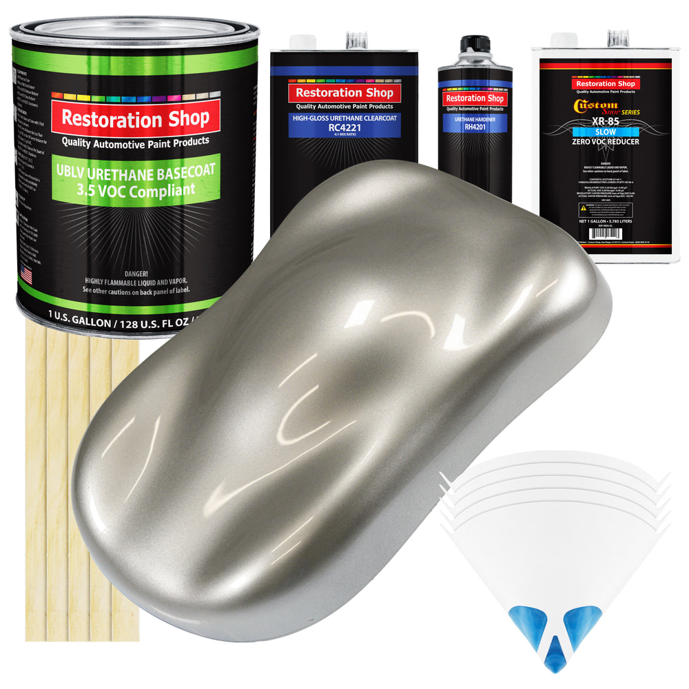 Pewter Silver Metallic - LOW VOC Urethane Basecoat with Clearcoat Auto Paint - Complete Slow Gallon Paint Kit - Professional Gloss Automotive Coating