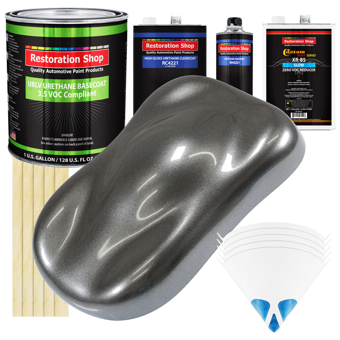 Meteor Gray Metallic - LOW VOC Urethane Basecoat with Clearcoat Auto Paint (Complete Slow Gallon Paint Kit) Professional High Gloss Automotive Coating