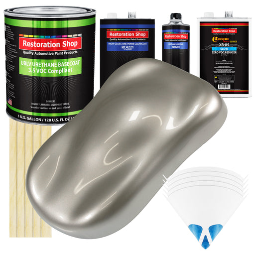 Bright Silver Metallic - LOW VOC Urethane Basecoat with Clearcoat Auto Paint - Complete Slow Gallon Paint Kit - Professional Gloss Automotive Coating
