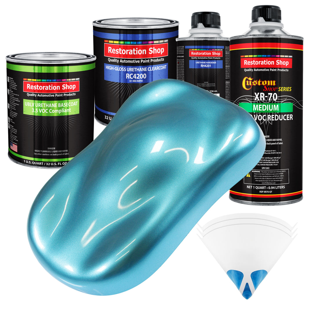 Azure Blue Metallic - LOW VOC Urethane Basecoat with Clearcoat Auto Paint (Complete Medium Quart Paint Kit) Professional High Gloss Automotive Coating
