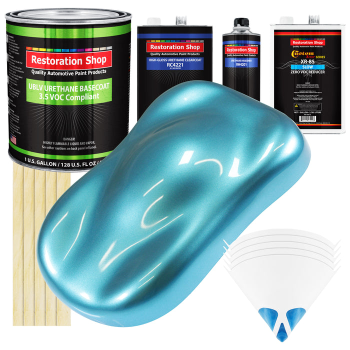 Azure Blue Metallic - LOW VOC Urethane Basecoat with Clearcoat Auto Paint (Complete Slow Gallon Paint Kit) Professional High Gloss Automotive Coating