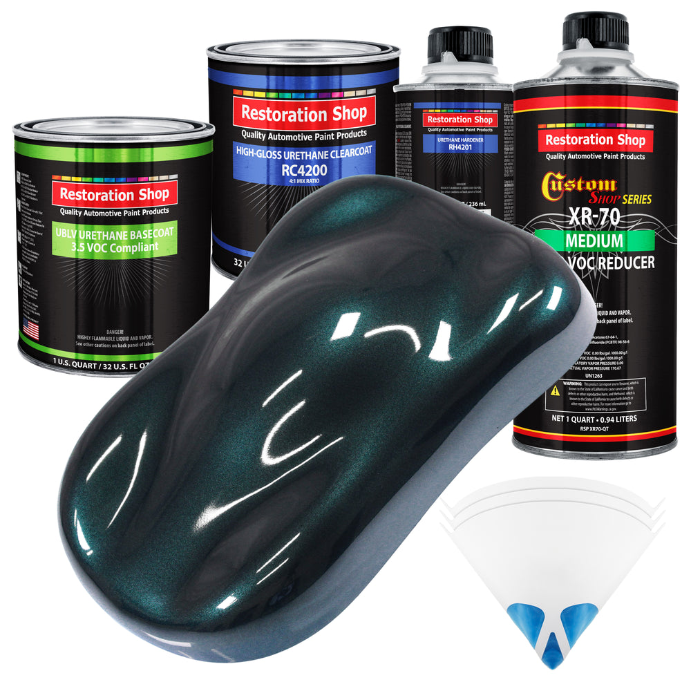 Dark Turquoise Metallic - LOW VOC Urethane Basecoat with Clearcoat Auto Paint (Complete Medium Quart Paint Kit) Professional Gloss Automotive Coating