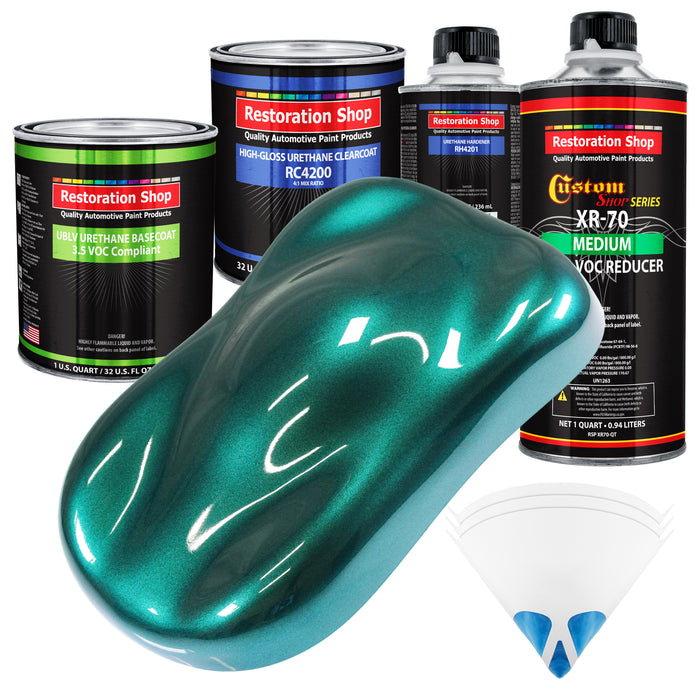 Dark Teal Metallic - LOW VOC Urethane Basecoat with Clearcoat Auto Paint (Complete Medium Quart Paint Kit) Professional High Gloss Automotive Coating