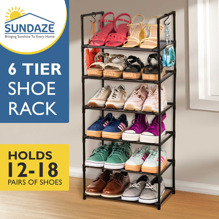 6 Tier Tall Shoe Organizer, Sturdy Stackable Shoe Rack for Closet, Bedroom, Entryway, Garage, Non Woven Fabric Shelf, Black, Holds 12-18 Pairs