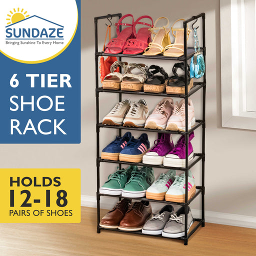 6 Tier Tall Shoe Organizer, Sturdy Stackable Shoe Rack for Closet, Bedroom, Entryway, Garage, Non Woven Fabric Shelf, Black, Holds 12-18 Pairs