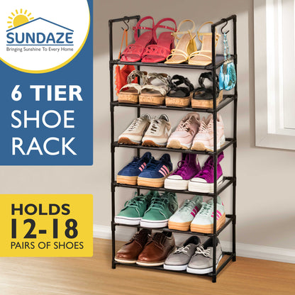 6 Tier Tall Shoe Organizer, Sturdy Stackable Shoe Rack for Closet, Bedroom, Entryway, Garage, Non Woven Fabric Shelf, Black, Holds 12-18 Pairs