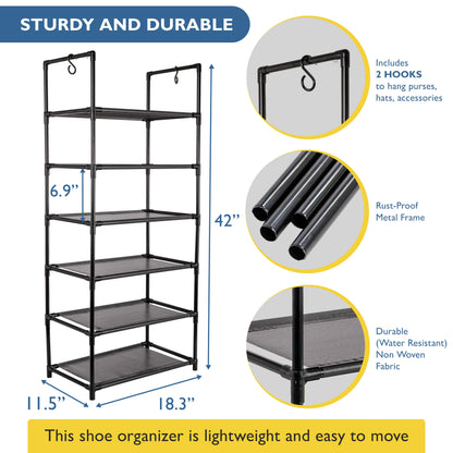 6 Tier Shoe Organizer, Sturdy Tall Shoe Rack for Closet, Bedroom, Entryway, Garage, Non Woven Fabric Shelf, Black, Holds Up to 30 Pairs