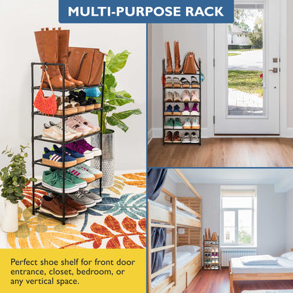 6 Tier Tall Shoe Organizer, Sturdy Stackable Shoe Rack for Closet, Bedroom, Entryway, Garage, Non Woven Fabric Shelf, Black, Holds 12-18 Pairs
