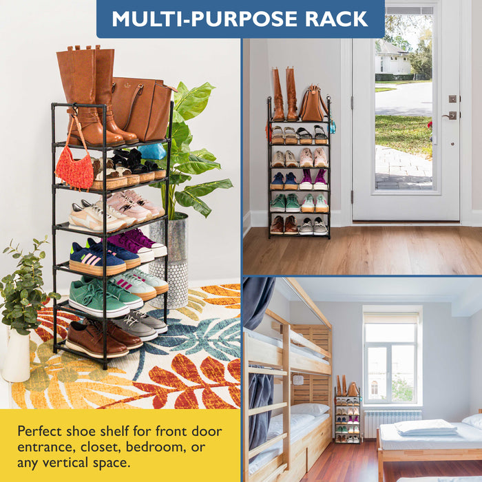 6 Tier Tall Shoe Organizer, Sturdy Stackable Shoe Rack for Closet, Bedroom, Entryway, Garage, Non Woven Fabric Shelf, Black, Holds 12-18 Pairs