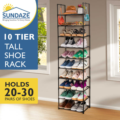 10 Tier Tall Shoe Organizer, Sturdy Stackable Shoe Rack for Closet, Bedroom, Entryway, Garage, Non Woven Fabric Shelf, Black, Holds 20-30 Pairs