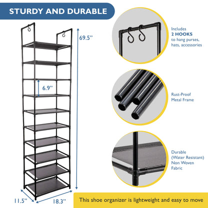 10 Tier Tall Shoe Organizer, Sturdy Stackable Shoe Rack for Closet, Bedroom, Entryway, Garage, Non Woven Fabric Shelf, Black, Holds 20-30 Pairs