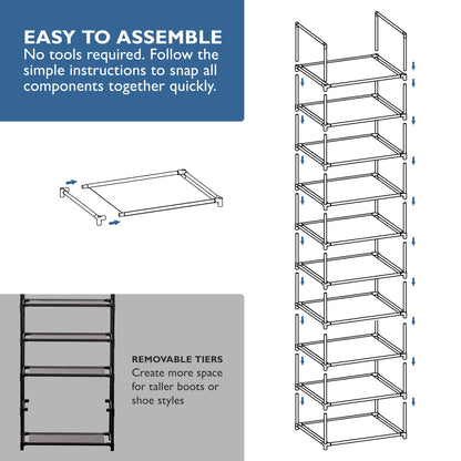 10 Tier Tall Shoe Organizer, Sturdy Stackable Shoe Rack for Closet, Bedroom, Entryway, Garage, Non Woven Fabric Shelf, Black, Holds 20-30 Pairs