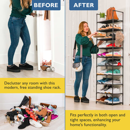 10 Tier Tall Shoe Organizer, Sturdy Stackable Shoe Rack for Closet, Bedroom, Entryway, Garage, Non Woven Fabric Shelf, Black, Holds 20-30 Pairs