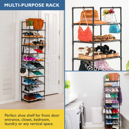10 Tier Tall Shoe Organizer, Sturdy Stackable Shoe Rack for Closet, Bedroom, Entryway, Garage, Non Woven Fabric Shelf, Black, Holds 20-30 Pairs