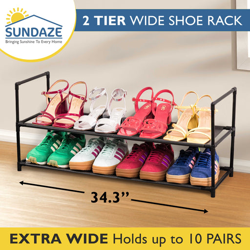 2 Tier Shoe Organizer, Sturdy Long Shoe Rack for Closet, Bedroom, Entryway, Garage, Non Woven Fabric Shelf, Black, Holds Up to 10 Pairs