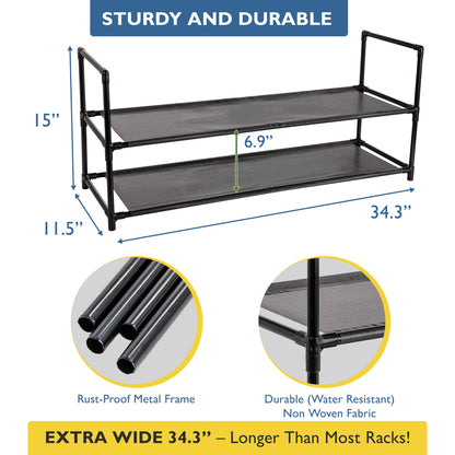 2 Tier Shoe Organizer, Sturdy Long Shoe Rack for Closet, Bedroom, Entryway, Garage, Non Woven Fabric Shelf, Black, Holds Up to 10 Pairs