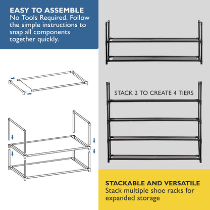 2 Tier Shoe Organizer, Sturdy Long Shoe Rack for Closet, Bedroom, Entryway, Garage, Non Woven Fabric Shelf, Black, Holds Up to 10 Pairs