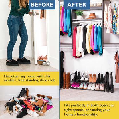 2 Tier Shoe Organizer, Sturdy Long Shoe Rack for Closet, Bedroom, Entryway, Garage, Non Woven Fabric Shelf, Black, Holds Up to 10 Pairs