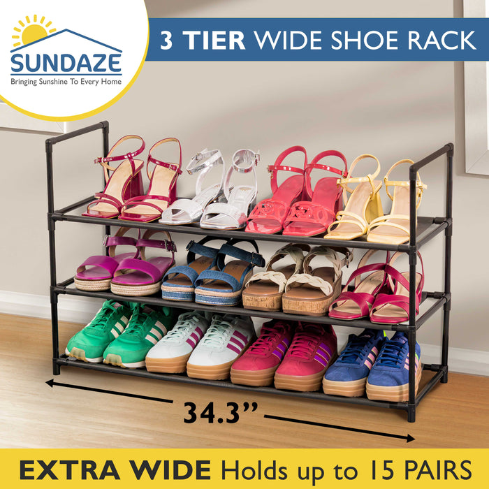3 Tier Shoe Organizer, Sturdy Long Shoe Rack for Closet, Bedroom, Entryway, Garage, Non Woven Fabric Shelf, Black, Holds Up to 15 Pairs