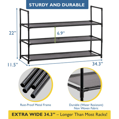 3 Tier Shoe Organizer, Sturdy Long Shoe Rack for Closet, Bedroom, Entryway, Garage, Non Woven Fabric Shelf, Black, Holds Up to 15 Pairs