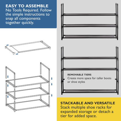 3 Tier Shoe Organizer, Sturdy Long Shoe Rack for Closet, Bedroom, Entryway, Garage, Non Woven Fabric Shelf, Black, Holds Up to 15 Pairs