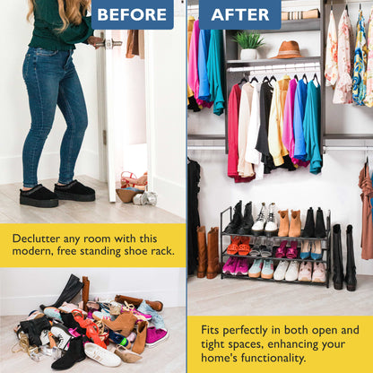 3 Tier Shoe Organizer, Sturdy Long Shoe Rack for Closet, Bedroom, Entryway, Garage, Non Woven Fabric Shelf, Black, Holds Up to 15 Pairs