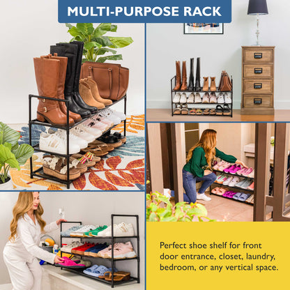3 Tier Shoe Organizer, Sturdy Long Shoe Rack for Closet, Bedroom, Entryway, Garage, Non Woven Fabric Shelf, Black, Holds Up to 15 Pairs