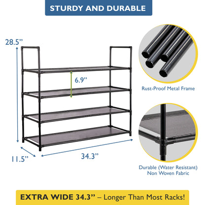 4 Tier Shoe Organizer, Sturdy Long Shoe Rack for Closet, Bedroom, Entryway, Garage, Non Woven Fabric Shelf, Black, Holds Up to 20 Pairs