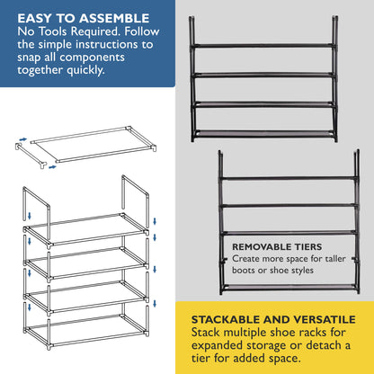 4 Tier Shoe Organizer, Sturdy Long Shoe Rack for Closet, Bedroom, Entryway, Garage, Non Woven Fabric Shelf, Black, Holds Up to 20 Pairs