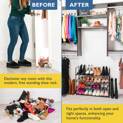 4 Tier Shoe Organizer, Sturdy Long Shoe Rack for Closet, Bedroom, Entryway, Garage, Non Woven Fabric Shelf, Black, Holds Up to 20 Pairs