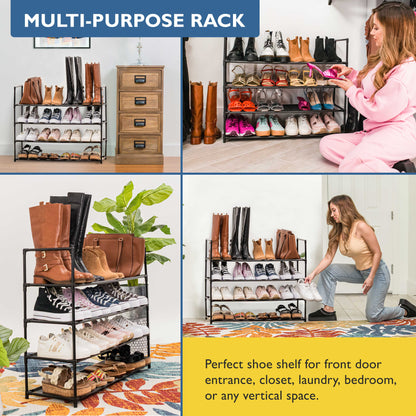 4 Tier Shoe Organizer, Sturdy Long Shoe Rack for Closet, Bedroom, Entryway, Garage, Non Woven Fabric Shelf, Black, Holds Up to 20 Pairs