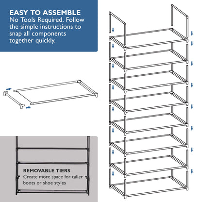 8 Tier Shoe Organizer, Sturdy Tall Shoe Rack for Closet, Bedroom, Entryway, Garage, Non Woven Fabric Shelf, Black, Holds Up to 40 Pairs