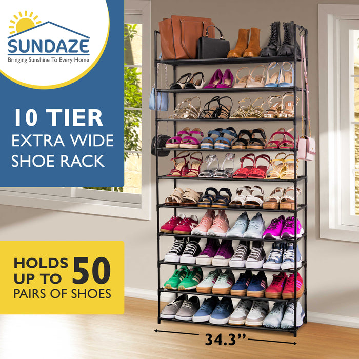 10 Tier Shoe Organizer, Sturdy Tall Shoe Rack for Closet, Bedroom, Entryway, Garage, Non Woven Fabric Shelf, Black, Holds Up to 50 Pairs