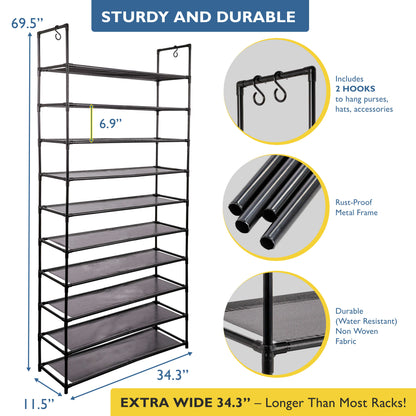 10 Tier Shoe Organizer, Sturdy Tall Shoe Rack for Closet, Bedroom, Entryway, Garage, Non Woven Fabric Shelf, Black, Holds Up to 50 Pairs