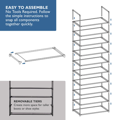 10 Tier Shoe Organizer, Sturdy Tall Shoe Rack for Closet, Bedroom, Entryway, Garage, Non Woven Fabric Shelf, Black, Holds Up to 50 Pairs