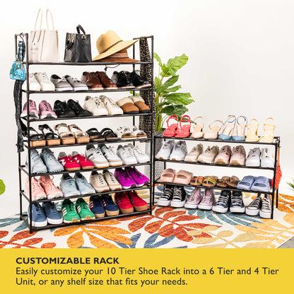 10 Tier Shoe Organizer, Sturdy Tall Shoe Rack for Closet, Bedroom, Entryway, Garage, Non Woven Fabric Shelf, Black, Holds Up to 50 Pairs